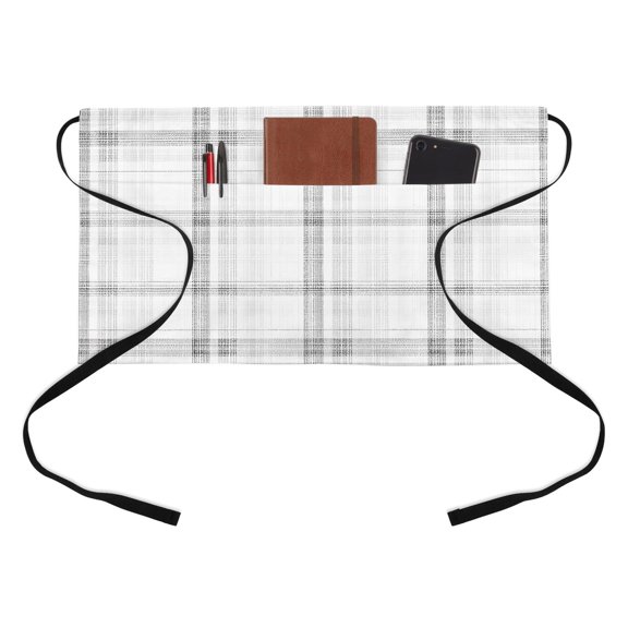 Cloud Gray Kitchen Restaurant Half Waist Apron, Pale Silver Grid Checkered Farmhouse Modern Classic Server Short Apron with 3 Pockets Waterproof Oil Waist Aprons for Women Waitress Waiter