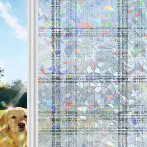Cloud Gray Rainbow Window Privacy Film, Pale Silver Grid Checkered Farmhouse Modern Classic Stained Glass Window Film, Sun Blocking Glass Clings Non Adhesive Door Stickers 17.7 x 39.3 Inches