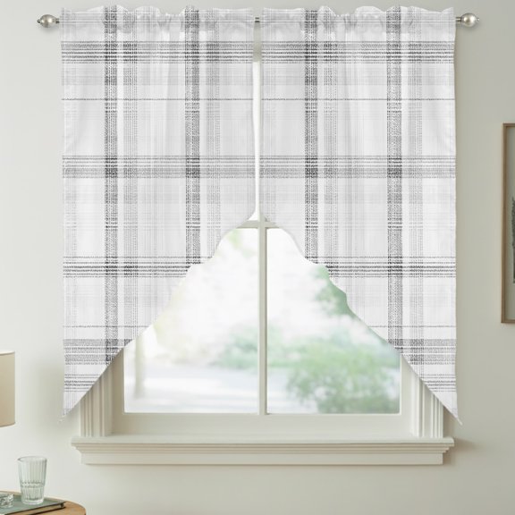 Cloud Gray Swag Curtain Valances for Kitchen, Pale Silver Grid Checkered Farmhouse Modern Classic Rod Pocket Curtains Window Treatment Swag Valance for Bedroom Bathroom, 2 Panels 28 x 36 Inch