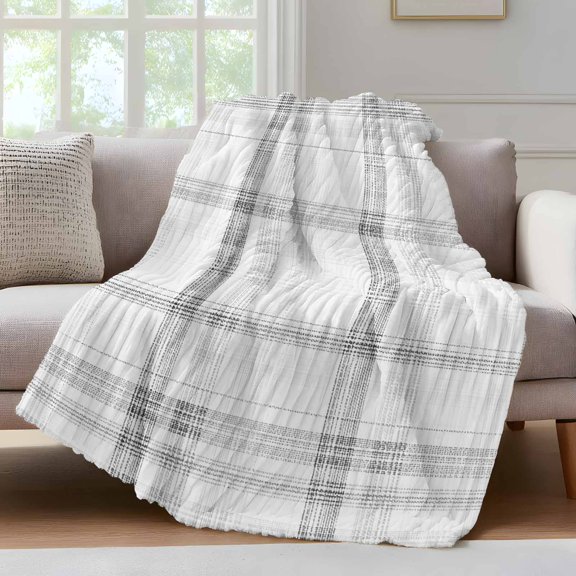Cloud Gray Throw Blanket for Couch Pale Silver Grid Checkered Farmhouse Modern Classic Soft and Warm Flannel 3D Striped Fuzzy Fleece Blanket Lightweight Throw for Bed, Sofa 30 x 40 Inches