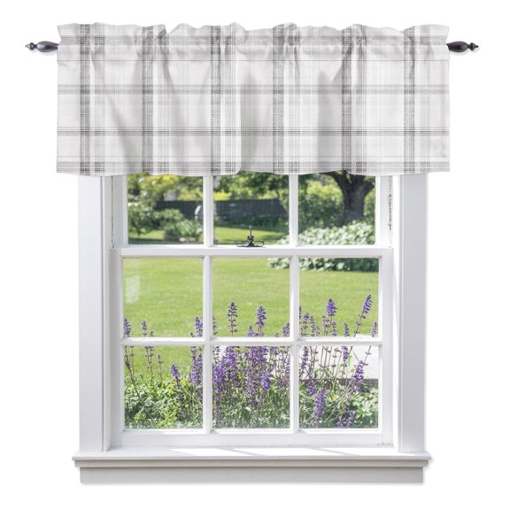Cloud Gray Valances for Windows, Pale Silver Grid Checkered Farmhouse Modern Classic Valance Window Treatment Rod Pocket Short Curtains Valances for Kitchen Bathroom 42"W x 12"L