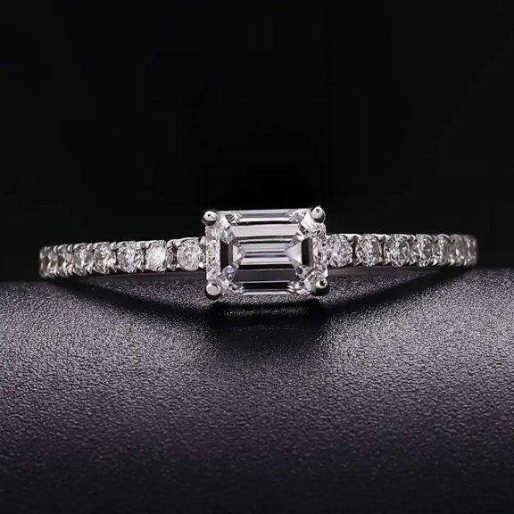 Cloud Jewel 1.4 Ct Emerald Cut Lab-Created Simulated Diamond East West Solitaire Ring with Accents, 14K White Gold Plated Engagement Ring for Women