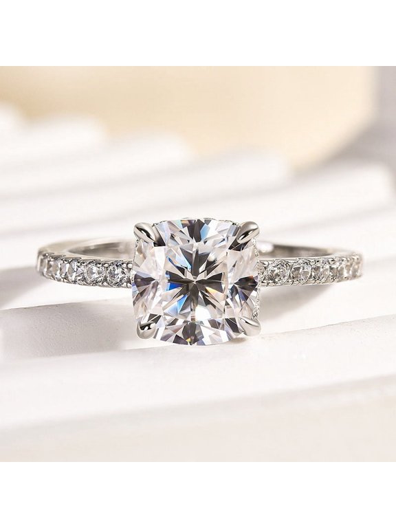 1.6 Ct Cushion Cut Lab-Created Simulated Diamond Hidden Halo Engagement Ring for Women, 14K White Gold Plated