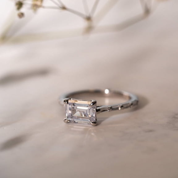 Cloud Jewel 1.6 Ct Emerald Cut Lab-Created Simulated Diamond East West Solitaire Wedding Ring 14K White Gold Plated for Women