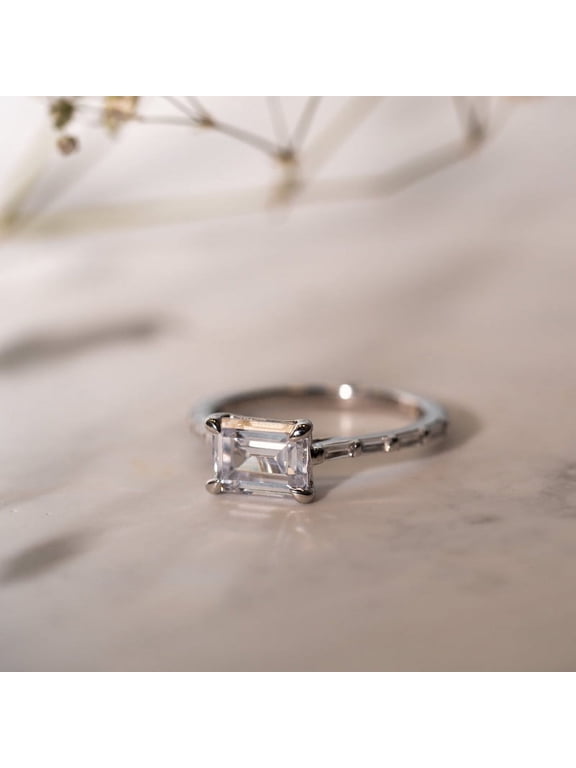 1.6 Ct Emerald Cut Lab-Created Simulated Diamond East West Wedding Ring 14K White Gold Plated Solitaire Ring for Women