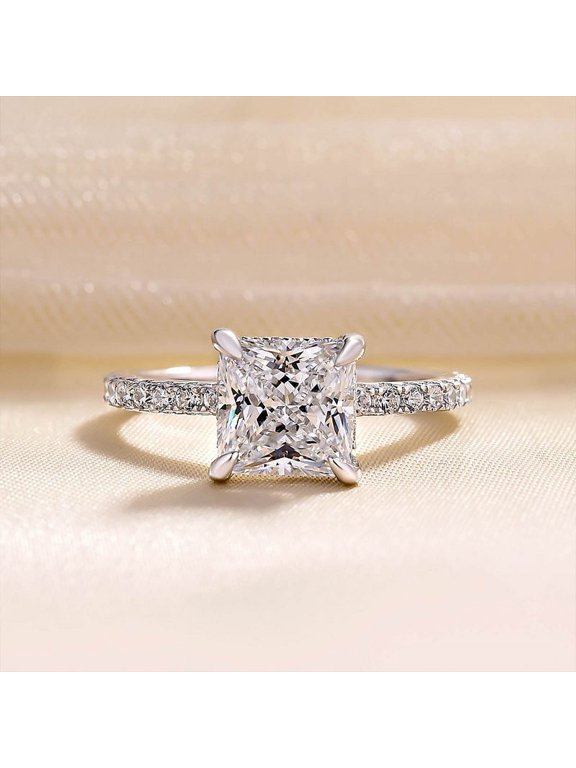 1.6 Ct Princess Cut Lab-Created Simulated Diamond Hidden Halo Engagement Ring for Women, 14K White Gold Plated Wedding Jewelry
