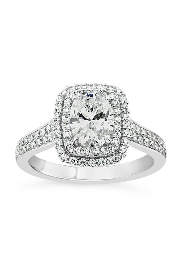 1.7 Ct Oval Cut Moissanite Rings - 14K White Gold Plated Rings - Wedding Double Halo Ring for Women - Gorgeous Anniversary Gift - Party Wear Rings - Causal Office Wear Rings