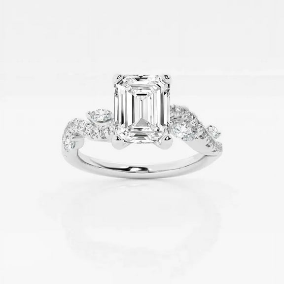 Cloud Jewel 1.9 Ct Emerald Cut Lab-Created Simulated Diamond Ring - Engagement Wedding Wave Shank Leafy Design Ring - 14K White Gold Over - Perfect for Celebrating Love and Meaningful Gift for Her
