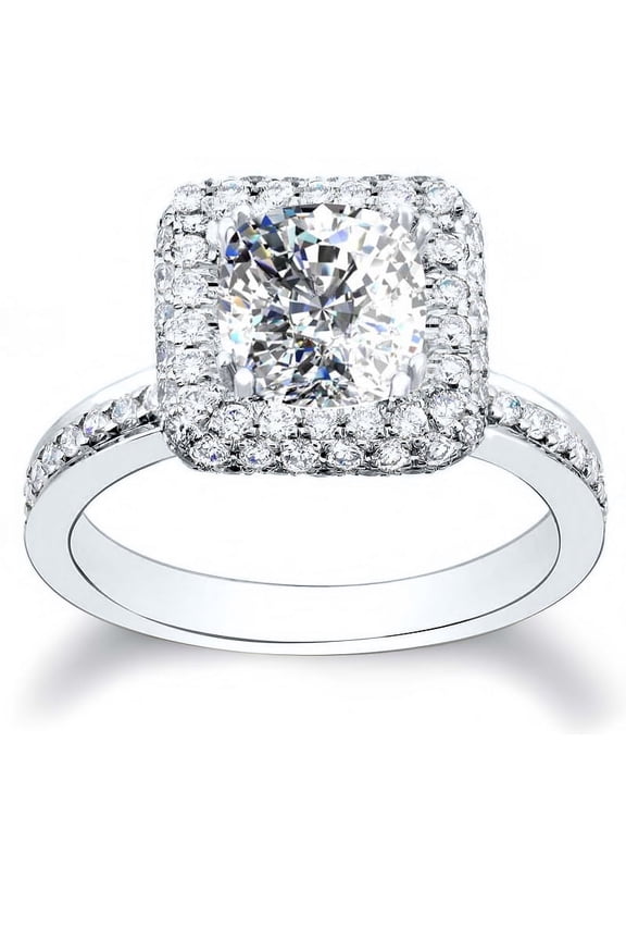 14K White Gold Plated Ring - 1.8 Ct Cushion Cut Moissanite Ring - Halo Anniversary Ring for Women's - Moissanite Beautiful Special Occasion Ring - Forever Moissanite Ring for Women's
