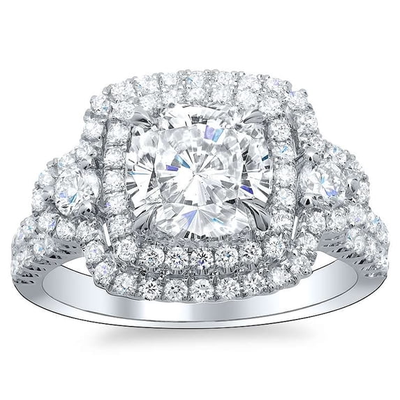 Cloud Jewel 14K White Gold Plated Ring for Her - 2.2 Ct Cushion Cut Moissanite Ring - Engagement Wedding Double Halo Ring for Women's - Gift for Women's - Multi Shank Party Wear Ring