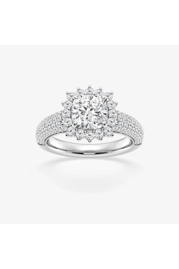 14K White Gold Plated Rings - 2.3 Ct Cushion Cut Lab Created Simulated Diamond Ring - Halo Solitaire with Accents Rings for Women's - Engagement Proposal Rings - Gift for Valentine Day
