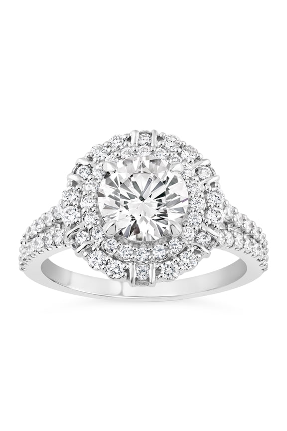 2 Ct Round Cut Moissanite Rings - 14K White Gold Plated Rings -Modern Engagement Wedding Rings for Women - Double Halo Rings - Gorgeous Anniversary Gift for Women