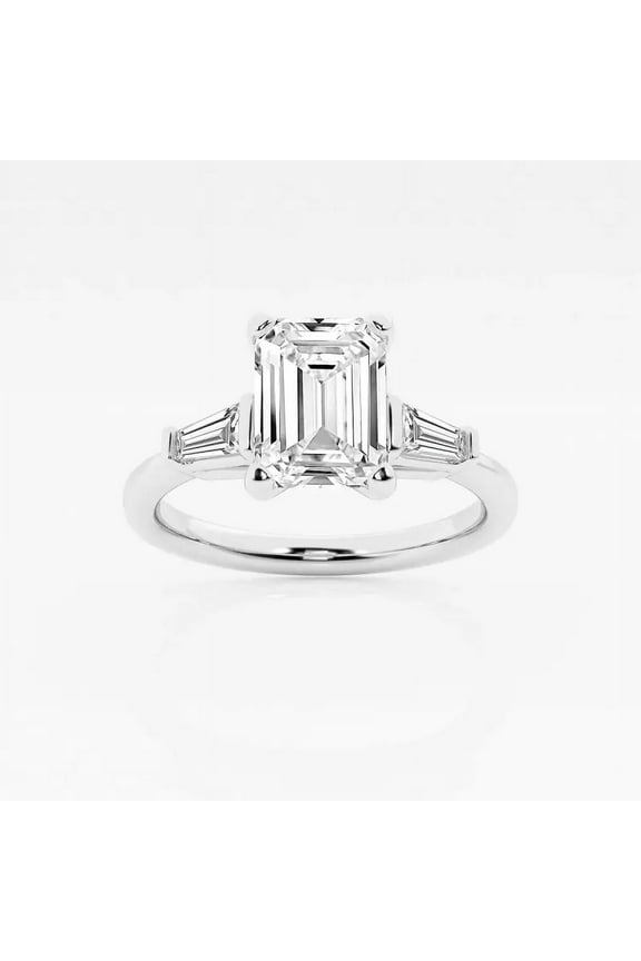 Exquisite 3 Stone Engagement Wedding Mid Century Ring - 1.9 Ct Emerald Cut Lab-Created Simulated Diamond - 14K White Gold Plated - Perfect for Weddings and Special Celebrations for Her