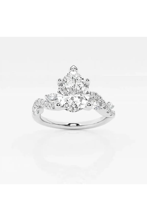 Gorgeous 1.7 Ct Pear Cut Lab-Created Simulated Diamond Engagement Ring - Wave Shank Leafy Style - 14K White Gold Plated - Ideal Gift for Anniversaries and Special Occasions for Women