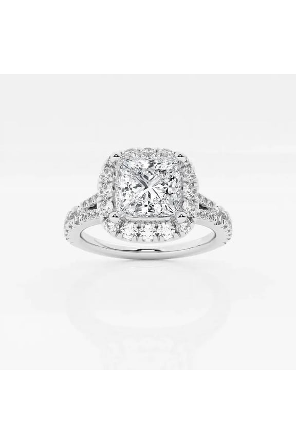 Women's Engagement Ring - 2 Ct Lab Created Princess Cut Diamond - Halo Design with 14K White Gold Plated - Perfect for Proposals, Weddings, Anniversaries or Birthday Gifts - Silver Ring