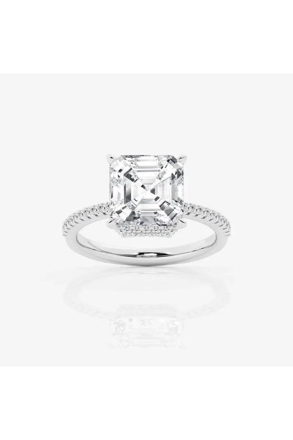 ry Asscher Cut 2 Ct Moissanite Ring - 14k White Gold Plated Ring - Simple Engagement Wedding Hidden Halo Ring for Women's - Gift For Mom For Christmas - Anniversary Gifts