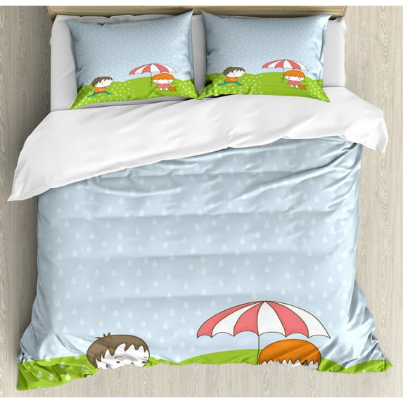 Cloud King Size Duvet Cover Set, Boy Running to Little Girl with an Umbrella in the Rain Cartoon Style Weather Scene, Decorative 3 Piece Bedding Set with 2 Pillow Shams, Multicolor, by Ambesonne