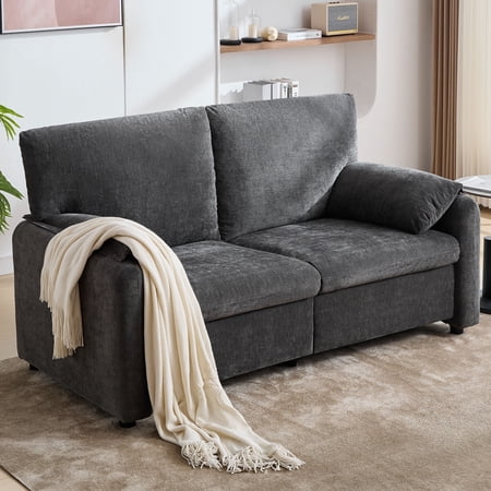 Cloud-Like Comfort 60" Grey Chenille 2-Seater Sofa with Down Fill & High-Resilience Sponge - Modern Minimalist Design for Living Room & Bedroom, Heavy Duty, Easy Assembly