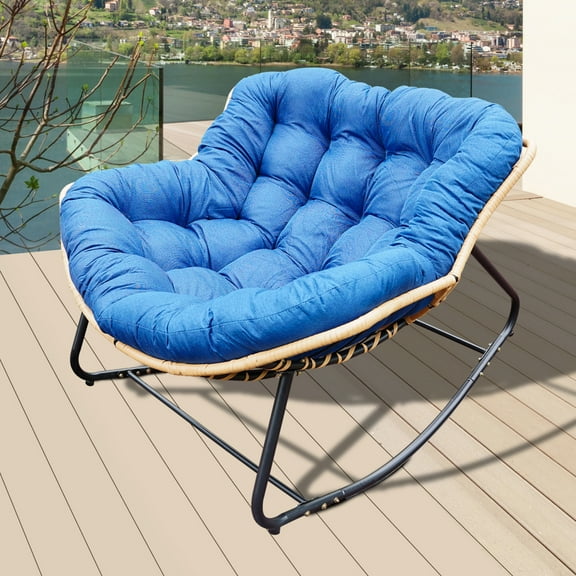 Cloud-Like Comfort Rocking Chair with 360° Ergonomic Rocking, Anti-Tip Safety System - Rattan Wicker Lounge Chair for Outdoor & Indoor Use, Modern Royal Design - Blue