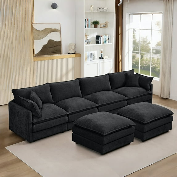 Cloud-Like Modular Chenille 4-Seat Sectional Sofa with 2 Movable Ottomans – Customizable L-Shaped/U-Shaped Seating for Living Rooms, Black