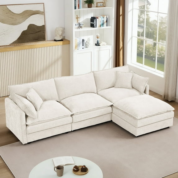 Cloud-Like Modular Chenille 3-Seat Sectional Sofa with Movable Ottoman – Customizable L-Shaped/U-Shaped Seating for Living Rooms, Beige