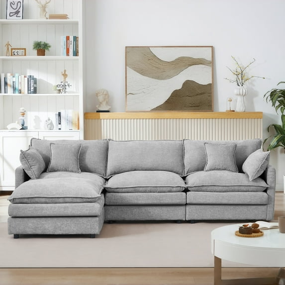 Cloud-Like Modular Chenille 3-Seat Sectional Sofa with Movable Ottoman – Customizable L-Shaped/U-Shaped Seating for Living Rooms,Gray