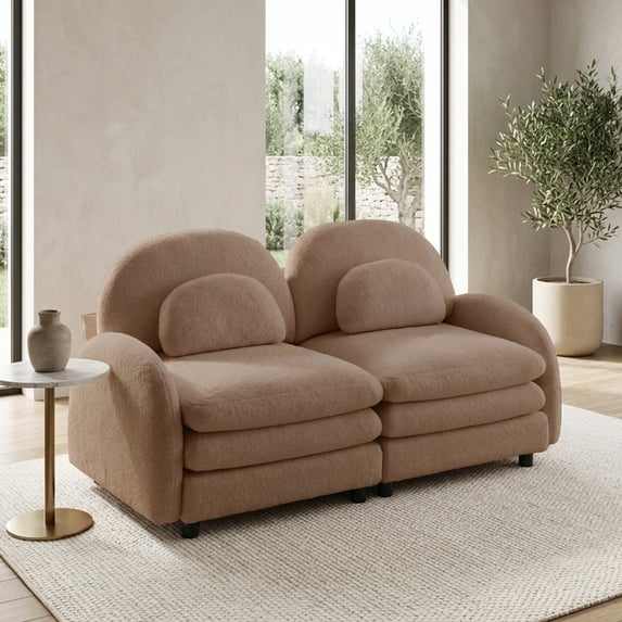 Cloud-Like Teddy Fabric Loveseat Sofa - Curved Design, Double Cushions, Camel