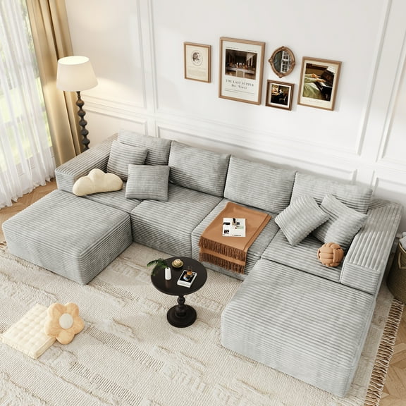 137 inch U-Shaped Sectional Sofa, Cloud-Like Big Modular Couch with Chaise, No Assembly Required, High Density Foam Never Sags, Soft Corduroy Fabric Sofa for Large Space, (White)