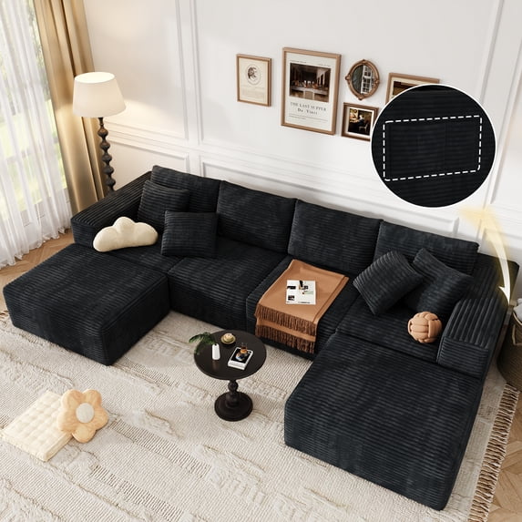 137 inch U-Shaped Sectional Sofa, Cloud-Like Big Modular Couch with Chaise, No Assembly Required, High Density Foam Never Sags, Soft Corduroy Fabric Sofa for Large Space, (Black)