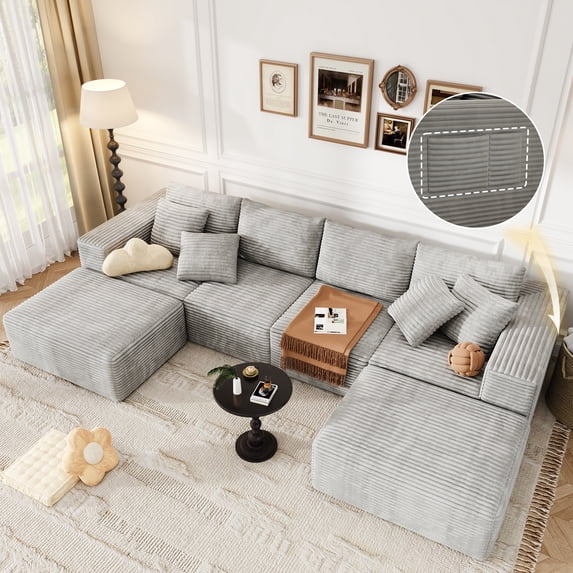 137 inch U-Shaped Sectional Sofa, Cloud-Like Big Modular Couch with Chaise, No Assembly Required, High Density Foam Never Sags, Soft Corduroy Fabric Sofa for Large Space, (White)