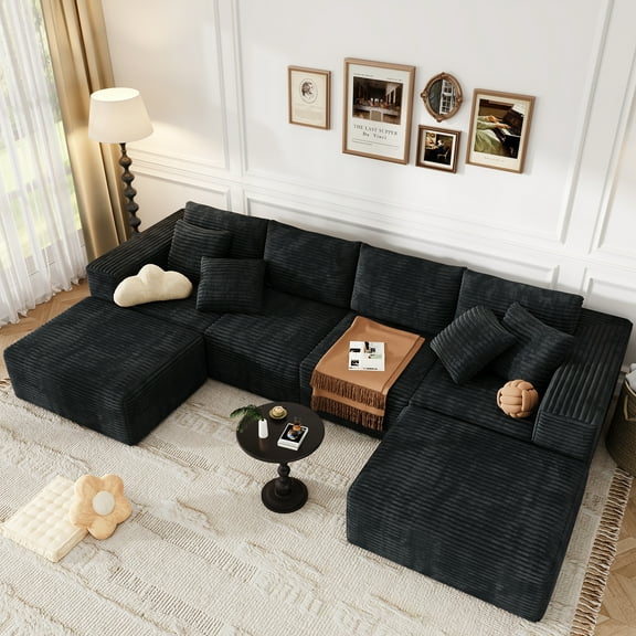 137 inch U-Shaped Sectional Sofa, Cloud-Like Big Modular Couch with Chaise, No Assembly Required, High Density Foam Never Sags, Soft Corduroy Fabric Sofa for Large Space, (Black)