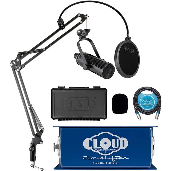 Cloud Microphones CL-1 Cloudlifter 1 Channel Mic Activator for Dynamic/Ribbon/Tube Microphone Bundle with MXL BCD-1 Dynamic Microphone, Blucoil Boom Arm Plus Pop Filter, and 10-FT Balanced XLR Cable