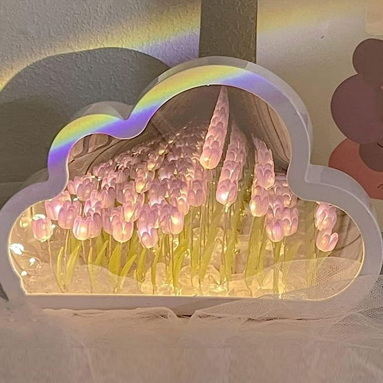 Topboutique Cloud Mirror Tulip Lamp Simulation Flower Bedroom Sleeping Table Lamp Hand Craft DIY Tulips Mirror Night Light Night Light for Bedroom Creative