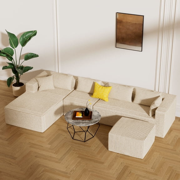 Cloud Modular Sectional Couch,Sectional Sofa with Deep Seat, Sofa Couch with Chaise,U-Shape Boneless Couches for Living Room Bedroom,No Assembly Required (Khaki, Left Facing Chaise+3Seaters+Ottoman)