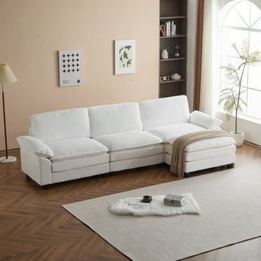 Cloud Modular Sectional Sofa with Movable Ottoman, L Shaped Corduroy Fabric Couch with High Supportive & Soft Sponges, Comfy Upholstered Sleeper 3-Seater Sofa Couch for Living Room, Beige