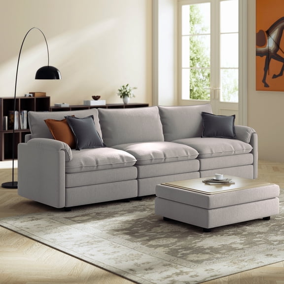 Cloud Modular Sectional Sofa with Storage Ottoman, Chenille 3-Seater Couch, Reversible & Configurable Living Room Sofa, Ottoman Can Be Table,Grey