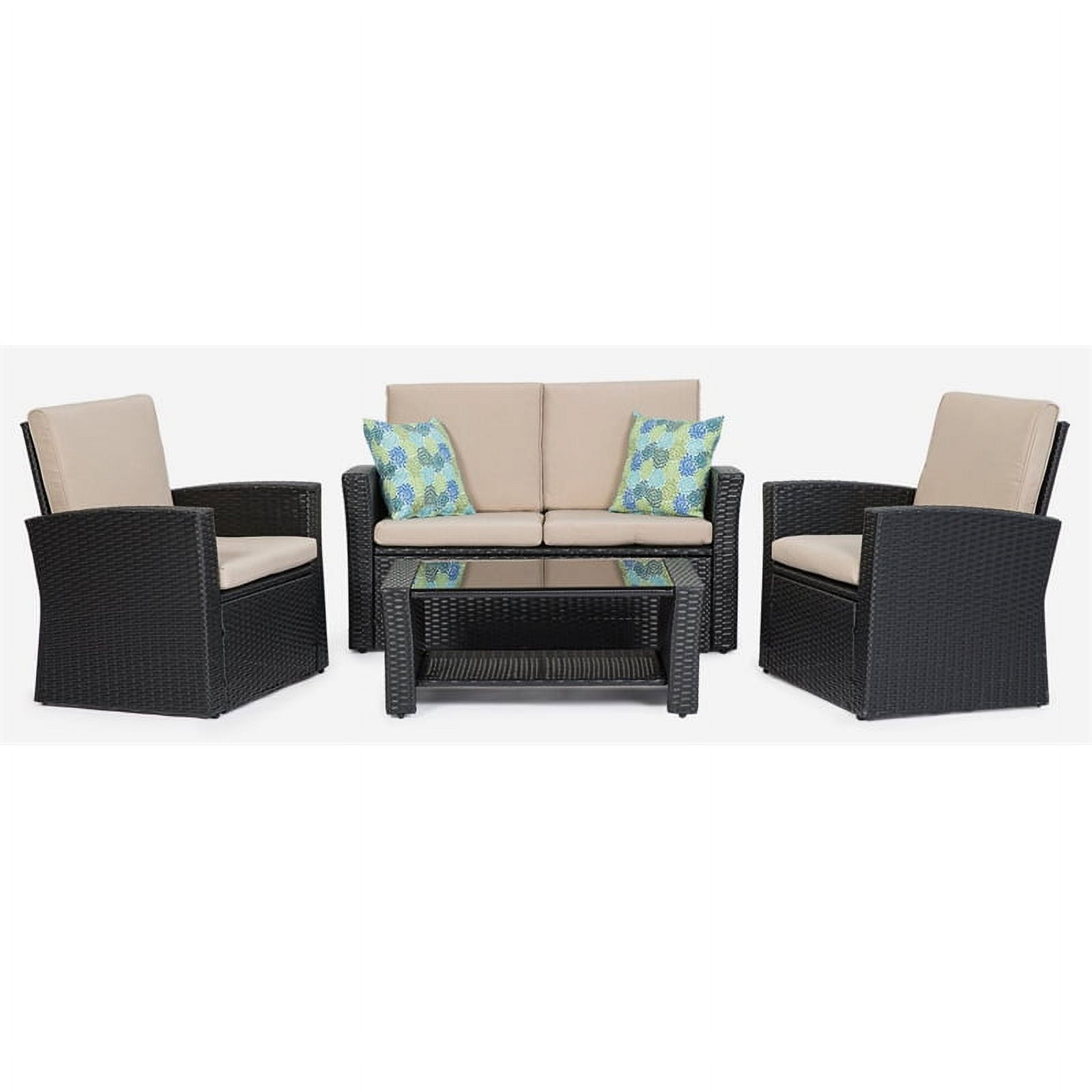 Cloud Mountain 4-Pc Patio Outdoor Furniture in Black Wicker and Khaki Cushions