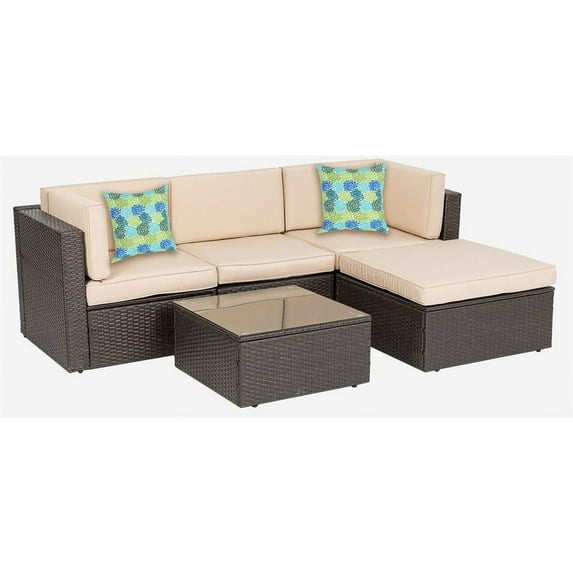 Cloud Mountain 5-Pc Patio Outdoor Furniture in Brown Wicker and Khaki Cushions