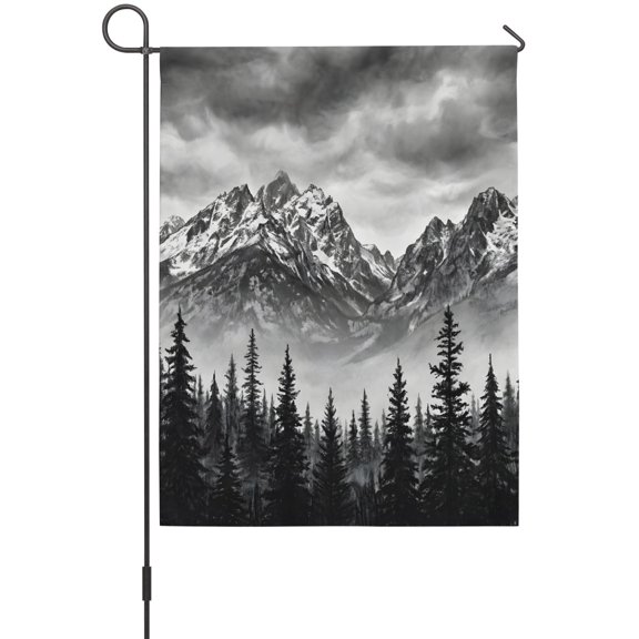 Cloud Mountain Garden Flags For Outdoor, Black Needle Forest Misty Snow Mountain Small Double Side Yard Flags Weather Proof Garden Decor for Lawn Outside Holiday 12 x 18 Inches