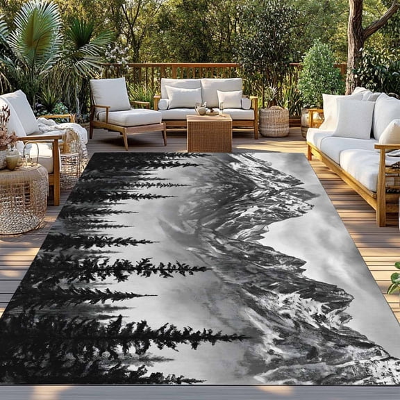 Cloud Mountain Indoor Outdoor Rugs 4x6 Ft, Black Needle Forest Misty Snow Mountain Outdoor Patio Rugs Mat Washable Outside Area Rugs Carpet for Porch Deck RV Camping Pool Balcony Backyard