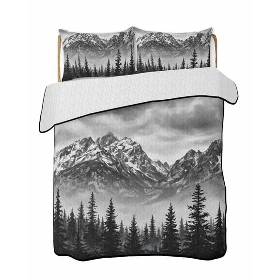 Cloud Mountain Quilts Bedding Set King Size Black Needle Forest Misty Snow Mountain Lightweight Quilted Bedspread 3 Piece Bed Quilt with 2 Pillow Shams All Season for Bedroom 90" x 96"