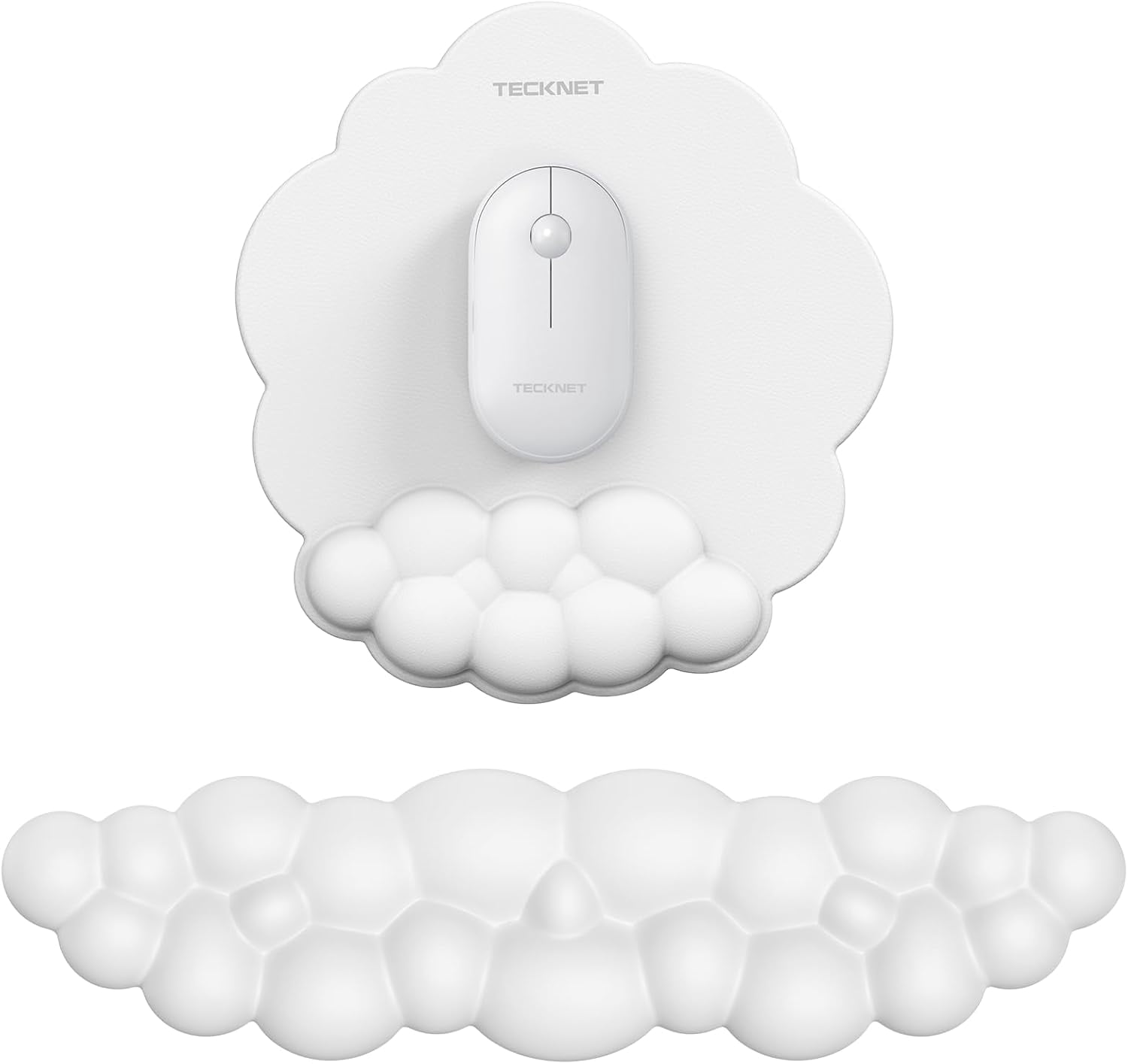 Cloud Mouse Pad with Wrist Rest Set, Ergonomic Cloud Keyboard Wrist Rest with Non-Slip Base, PU Leather Memory Foam Wrist Pad for Keyboard and Mouse, Pain Relief for Typing, Gaming, White