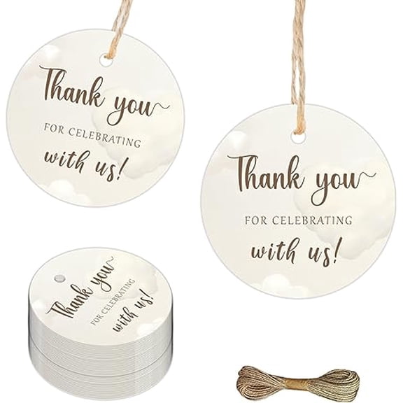 On Cloud Nine Baby Shower Decorations, 50PCS Dusty White Cloud Thank You Tags with String Round Cute Paper Gift Label Tags for Boys Girls on Cloud 9 Birthday Baby Shower Party Decorations Supplies
