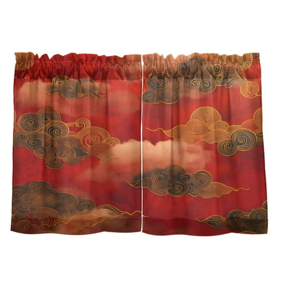 Cloud Pattern Chinese Traditional 27"x36" Linen Look Cafe Curtain Set with Privacy and UV Protection
