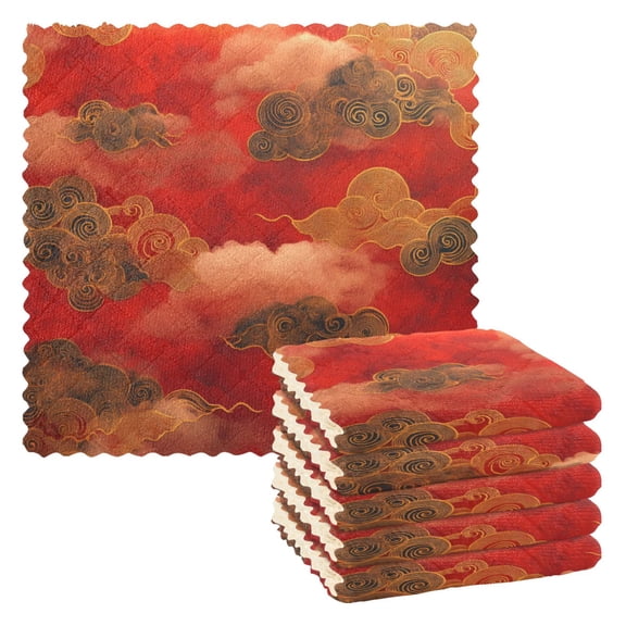 Cloud Pattern Chinese Traditional 6 Pack Kitchen Cleaning Cloths 11'' x 11'', Super Absorbent, Soft Double Layer Plush for Dish and Surface Cleaning
