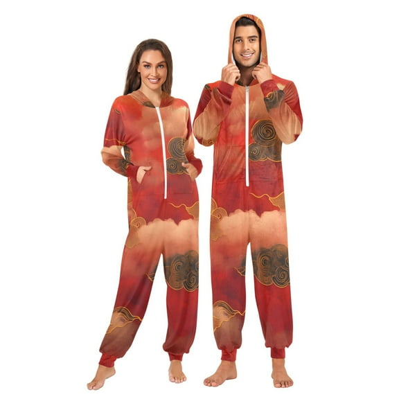 Cloud Pattern Chinese Traditional Adult onesie Pajamas, Crystal Velvet Ultra Soft Warm Jumpsuit for Men and Women