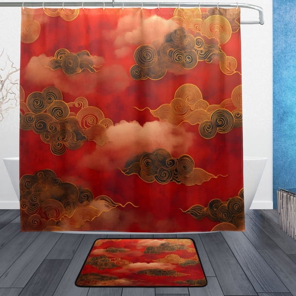 Cloud Pattern Chinese Traditional Bathroom Accessory Sets Waterproof Shower Curtain with Anti-Slip Bath Mat Durable Combo
