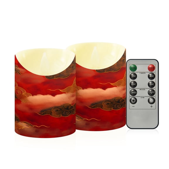 Cloud Pattern Chinese Traditional Flameless Candles 2 PCS with Remote Realistic Moving Flame LED Tapered Pillar Set for Home Decor