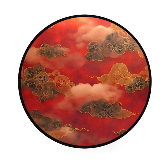 Cloud Pattern Chinese Traditional Memory Foam Bath Mat 36" Absorbent Rug with Non Slip Base and 4 Bonus Pads