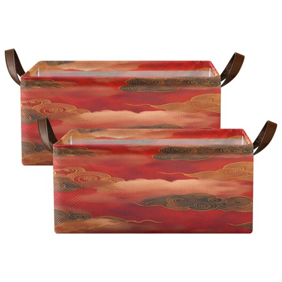 Cloud Pattern Chinese Traditional Shelf Baskets Set of 2 Foldable Metal Frame Open Storage Bins 16.9x11.4x7.7in Large Capacity